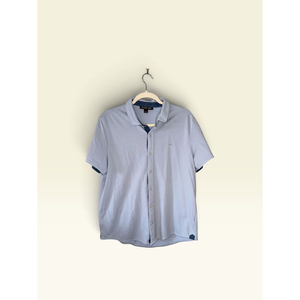 Michael Kors Men's Light Blue Short Sleeve Button Front Knit Shirt Logo L